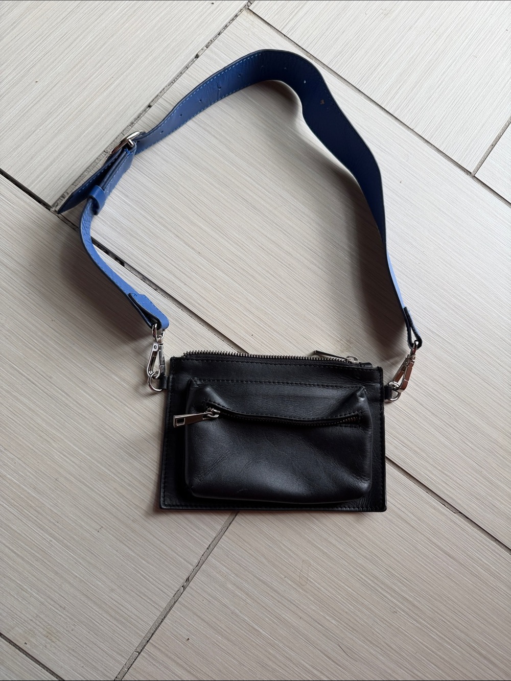 Free People Black Leather Belt Bag with Blue Strap